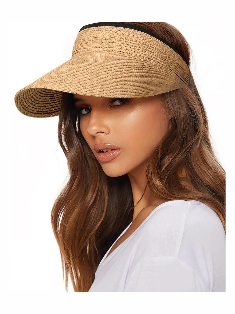 Womens Sun Visor Hat Straw Sun Visors for Women Summer | Khaki | Size OS
